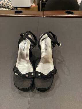 Mainframe Black Fabric Ankle Strap Platform Block Heel Sandals Size 7.5